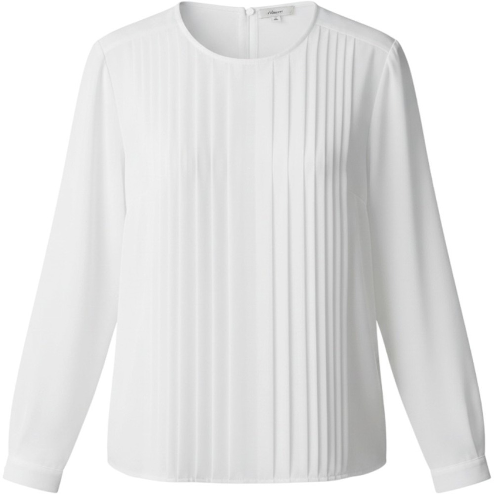 d'Elsa White Pintuck Long Sleeve Blouse Crew Neck Back Button Top Professional